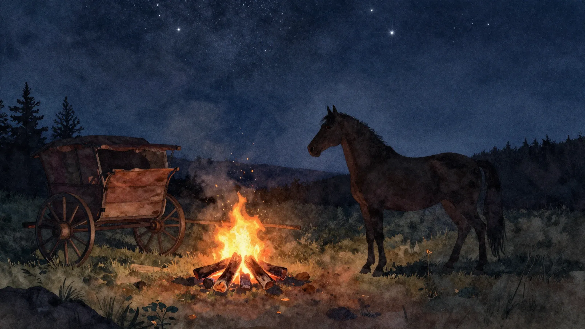 Watercolor style. Silhouette of a horse and a wagon near a c...