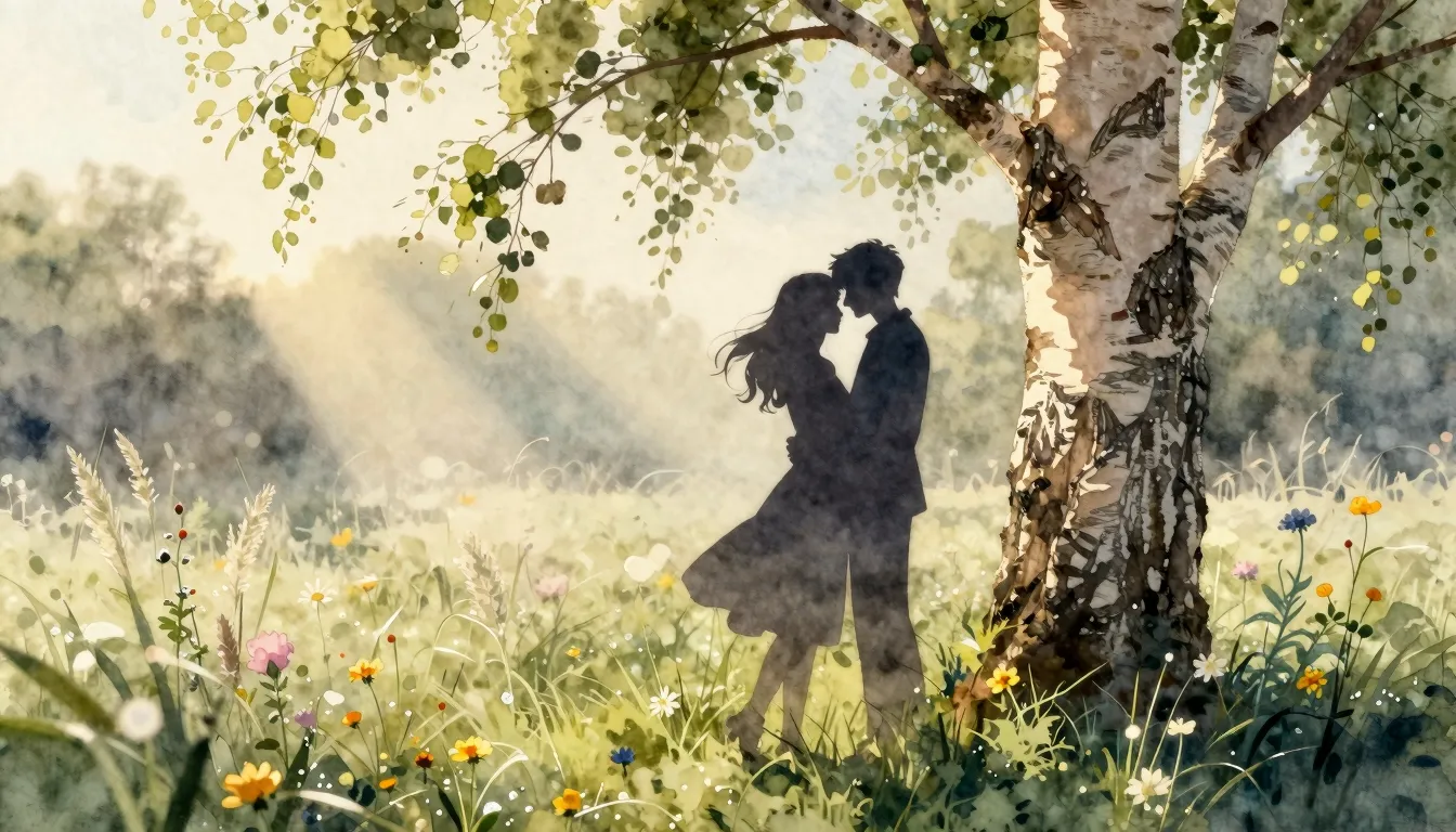 Watercolor style. Silhouette of a girl and a boy hugging und...