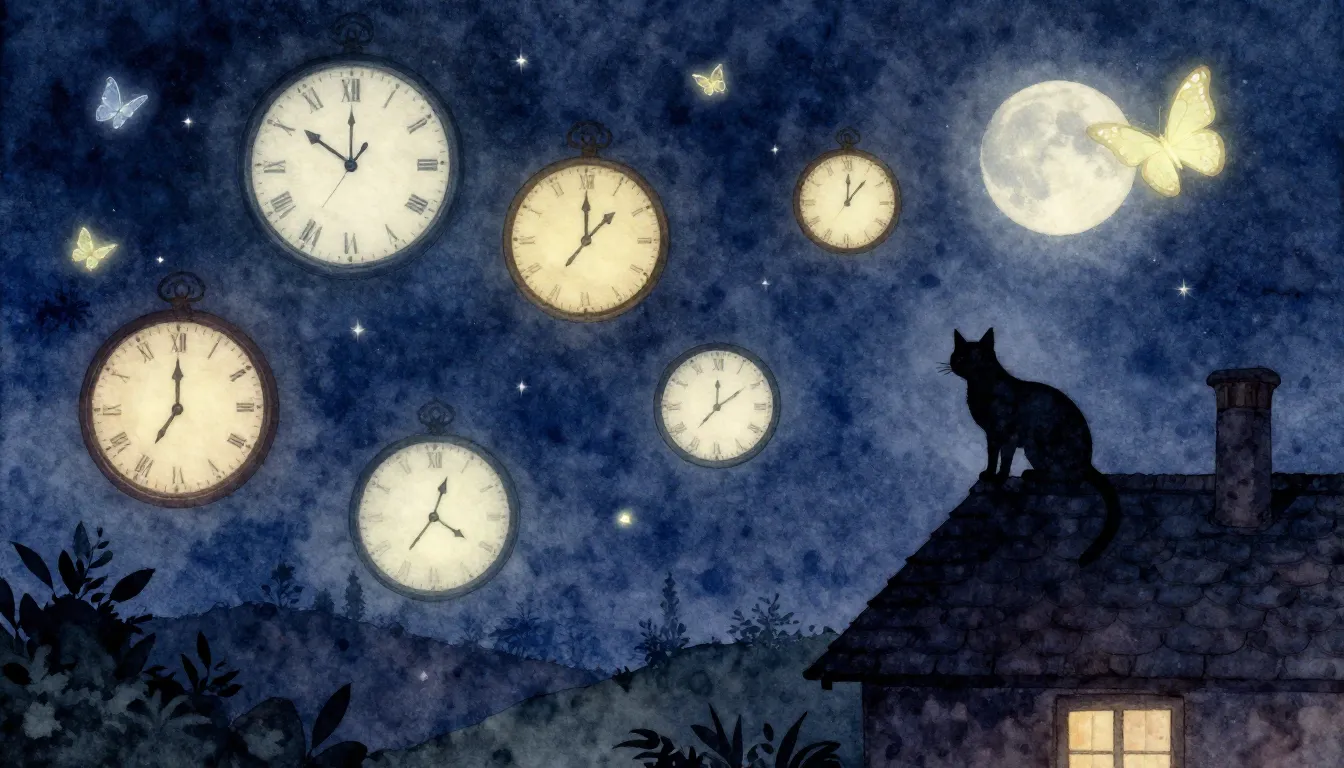Watercolor style. Surreal night landscape, floating clocks, ...
