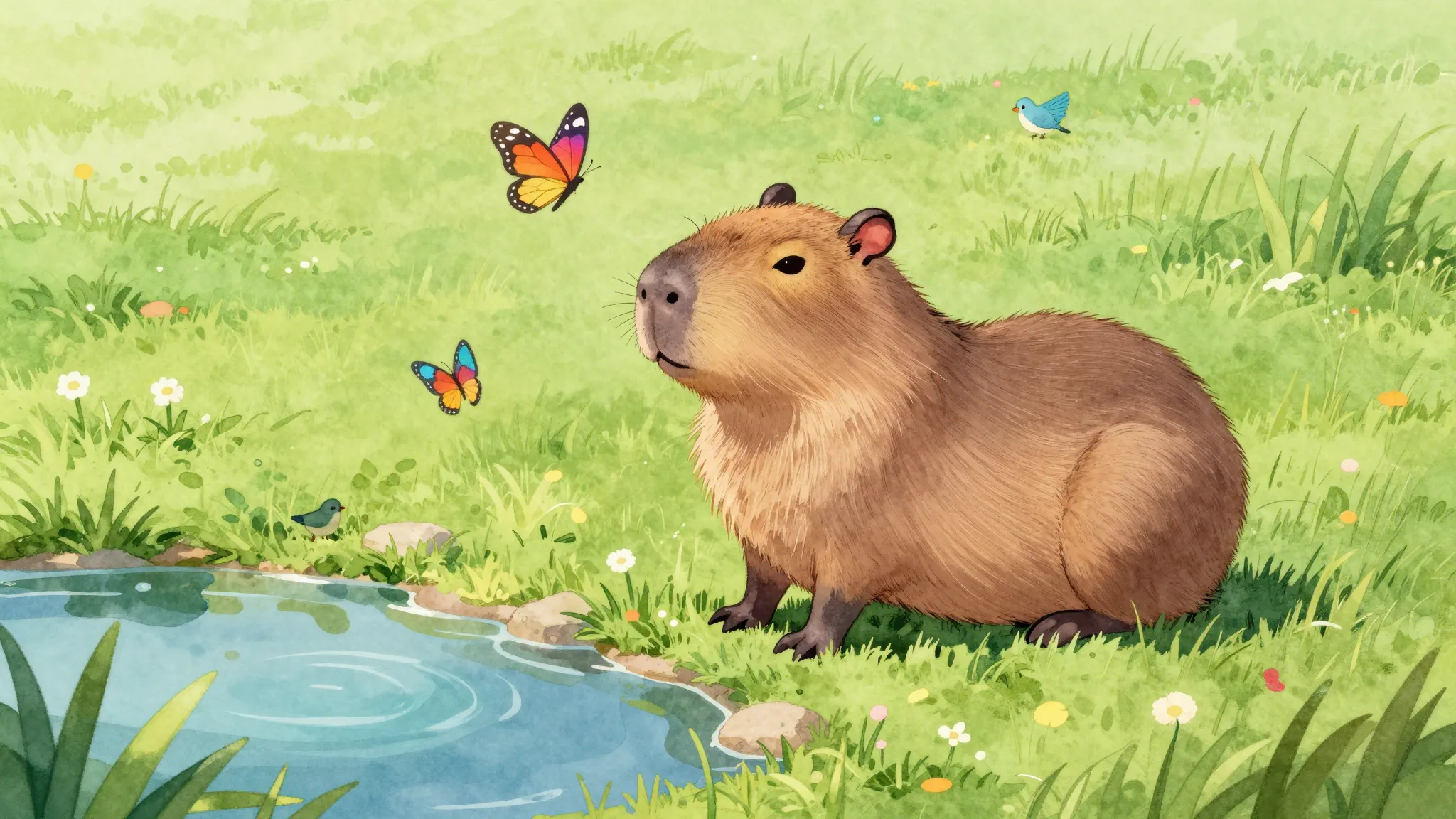 Watercolor style. A cute capybara sitting by a small pond in...