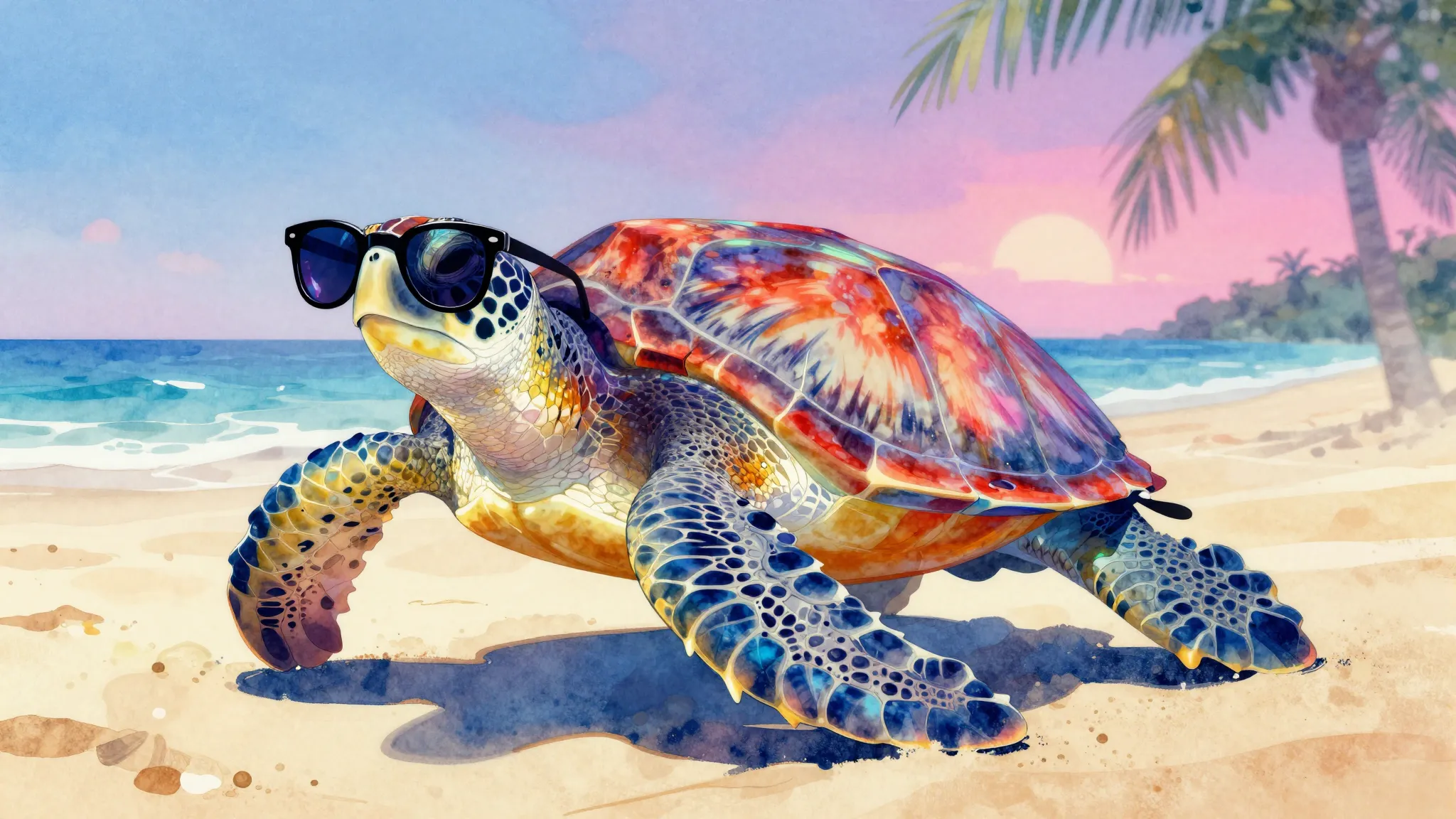 Vibrant watercolor style. A cool sea turtle wearing stylish ...