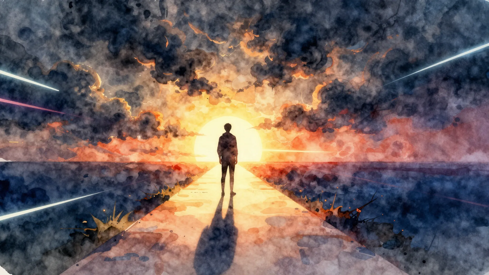 Watercolor style. Abstract silhouette of a person standing o...