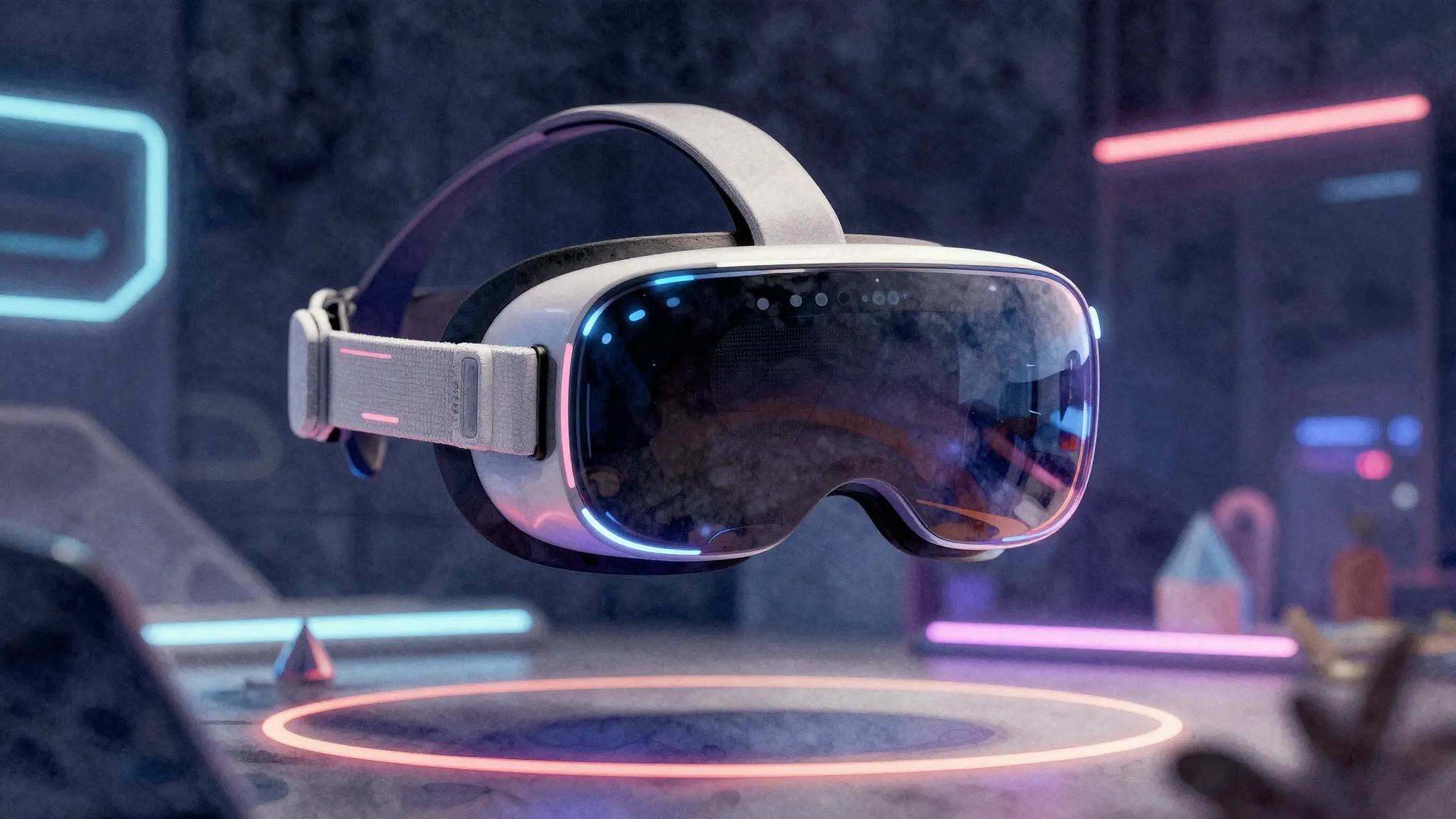 Watercolor style. Glowing futuristic VR headset floating in ...