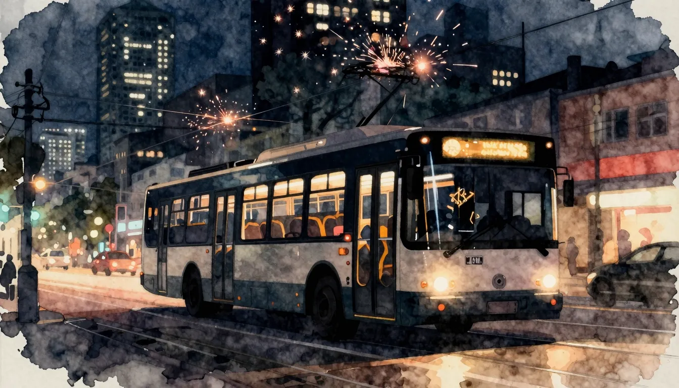 Watercolor style. Silhouette of a trolleybus driving through...