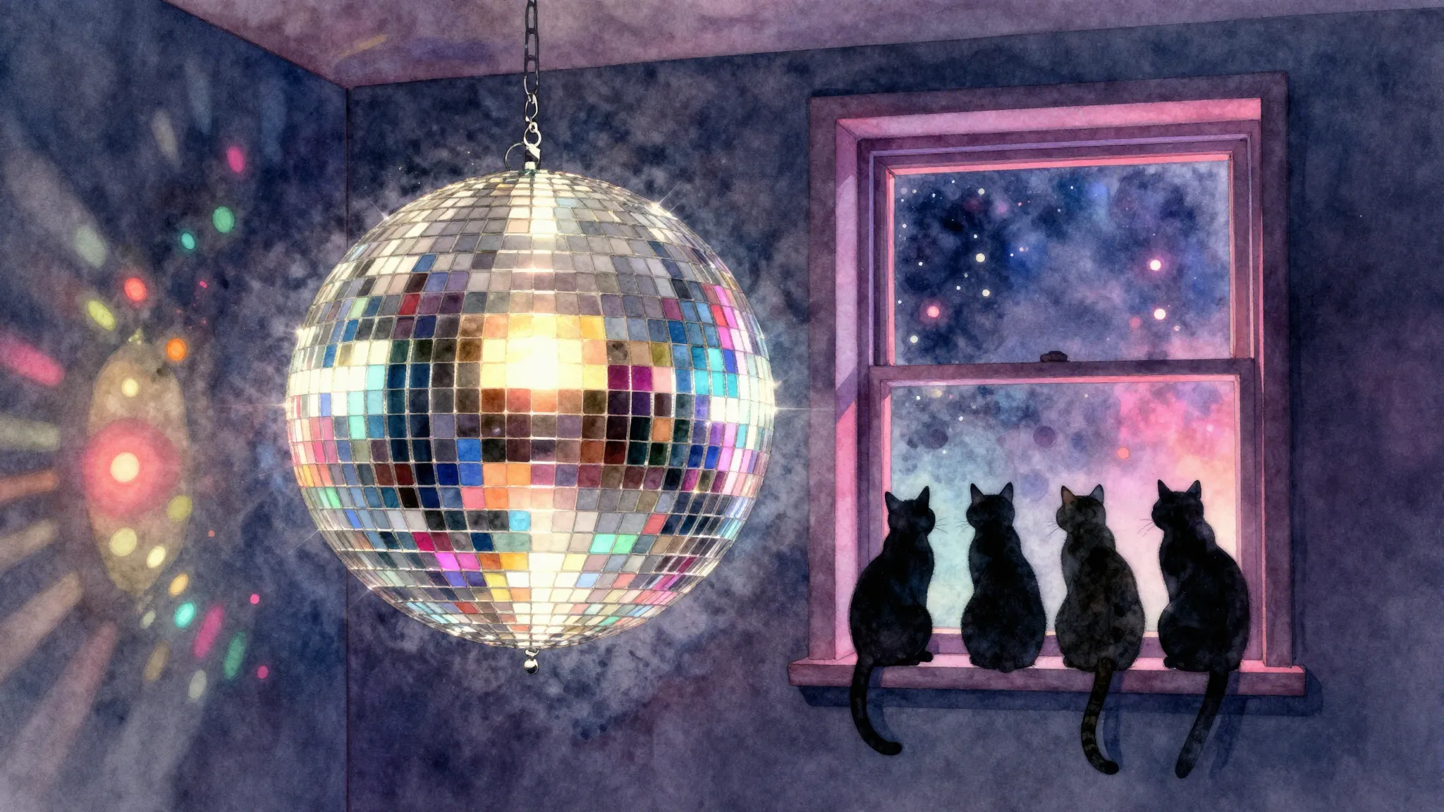 Watercolor style. A glowing disco ball in a dark room, color...