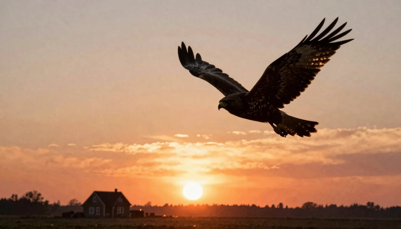 Watercolor style. Silhouette of a hawk flying in the sky tow...