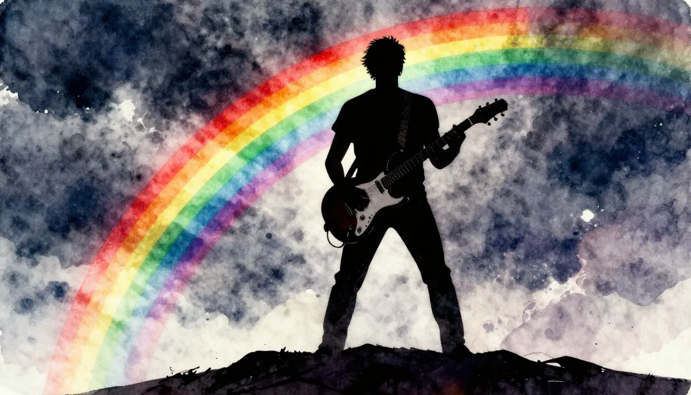 Vibrant watercolor style. Rock music album cover, a dark sil...