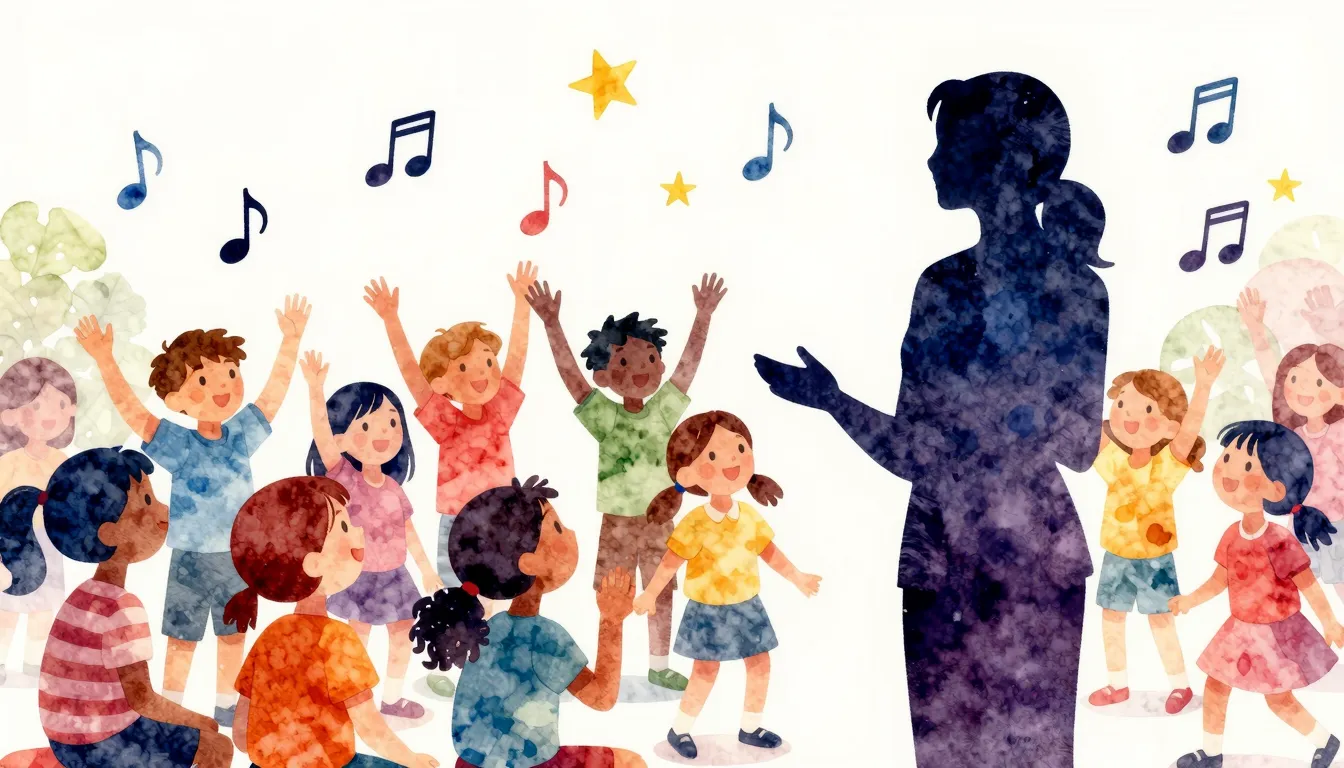 Vibrant watercolor style. A vibrant and joyful musical scene...