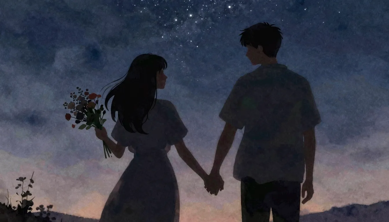 Watercolor style. A silhouette of a young couple holding han...