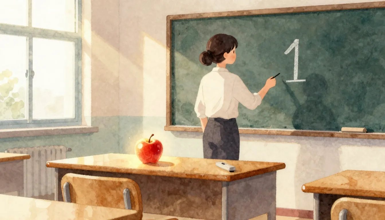 Watercolor style. A warm classroom setting with a teacher's ...