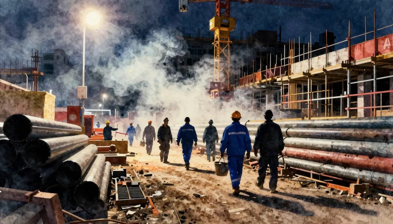 Vibrant watercolor style. Gritty urban construction site at ...