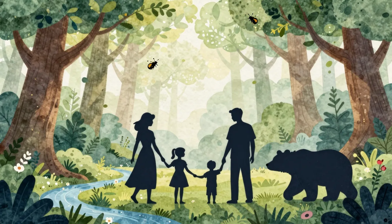 Watercolor style. Silhouette of a family playing in a magica...