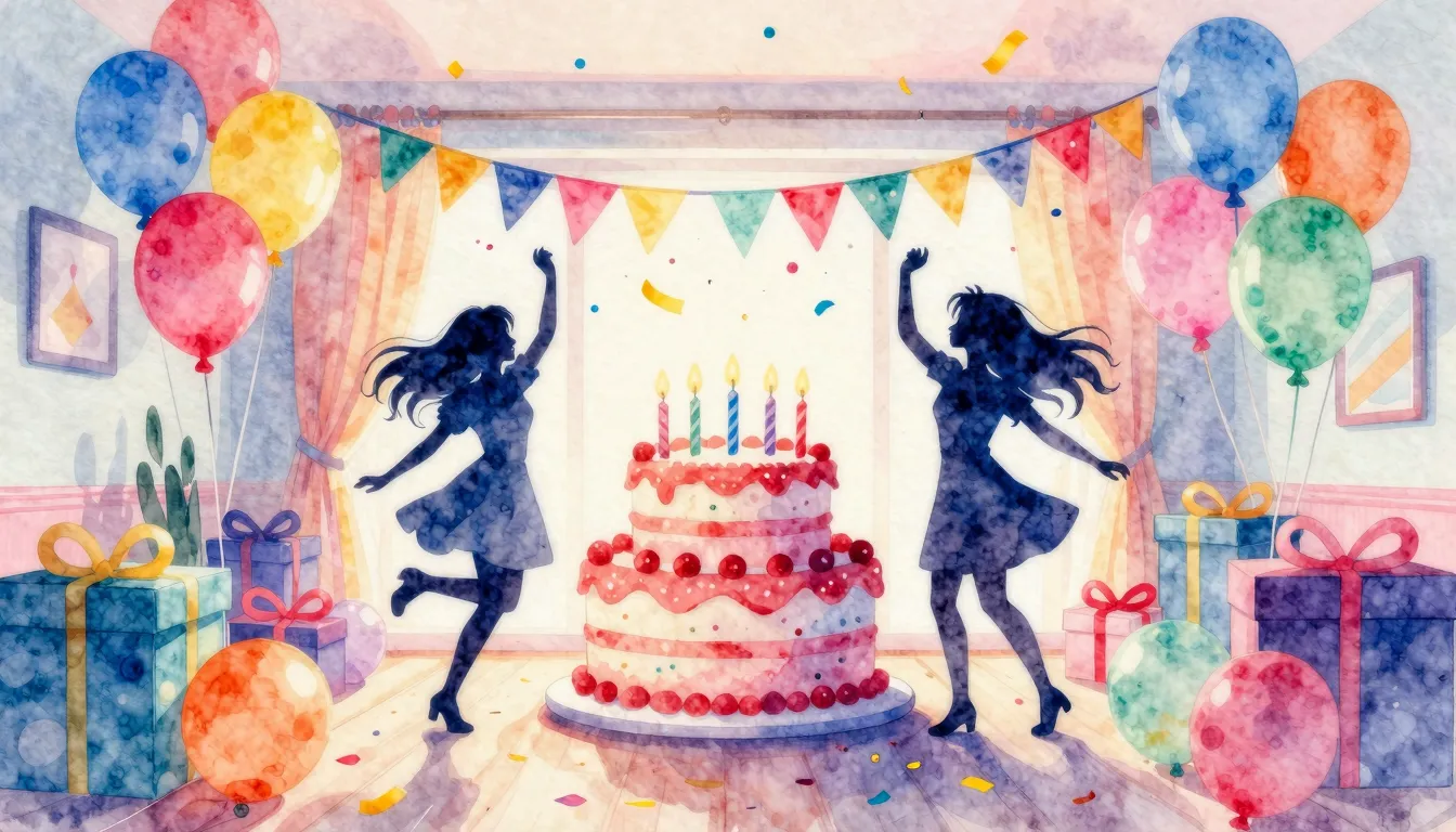 Watercolor style. A bright birthday party room with colorful...