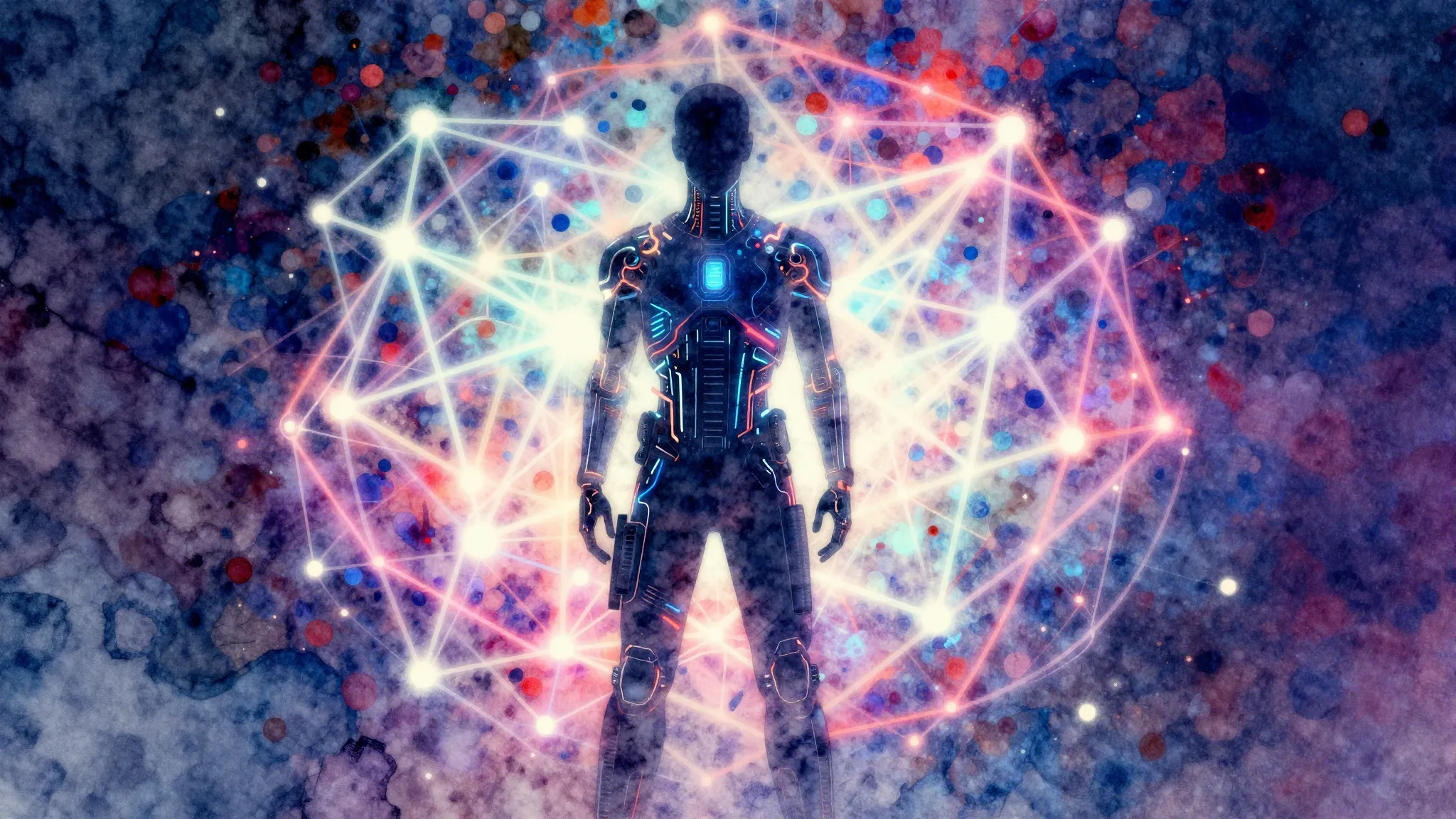 Vibrant watercolor style. A futuristic digital silhouette of...