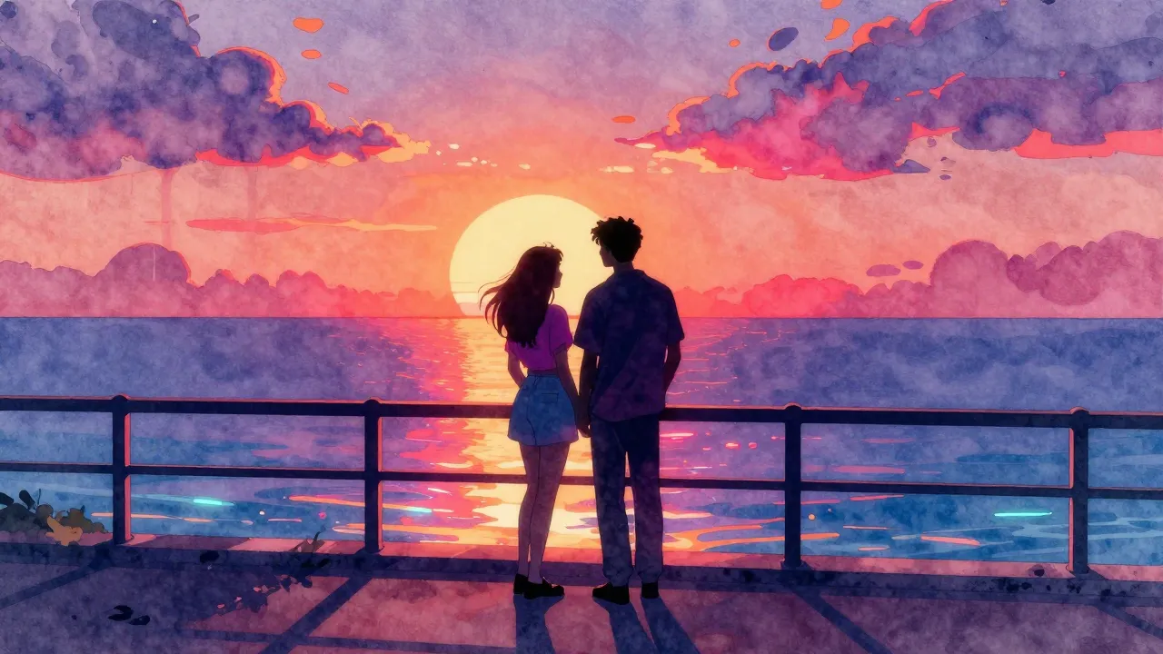 Vibrant watercolor style. 90s synth-pop aesthetic, a romanti...