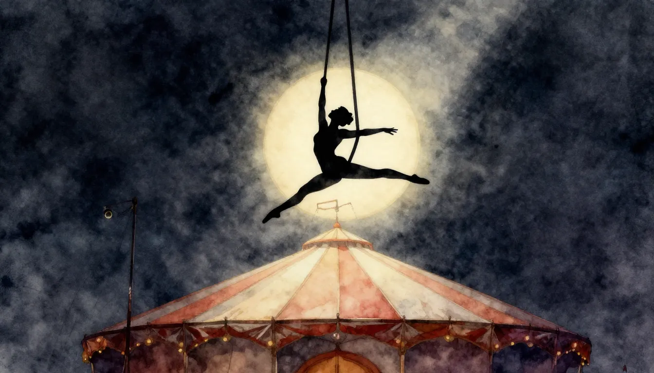 Watercolor style. A silhouette of an aerial gymnast soaring ...