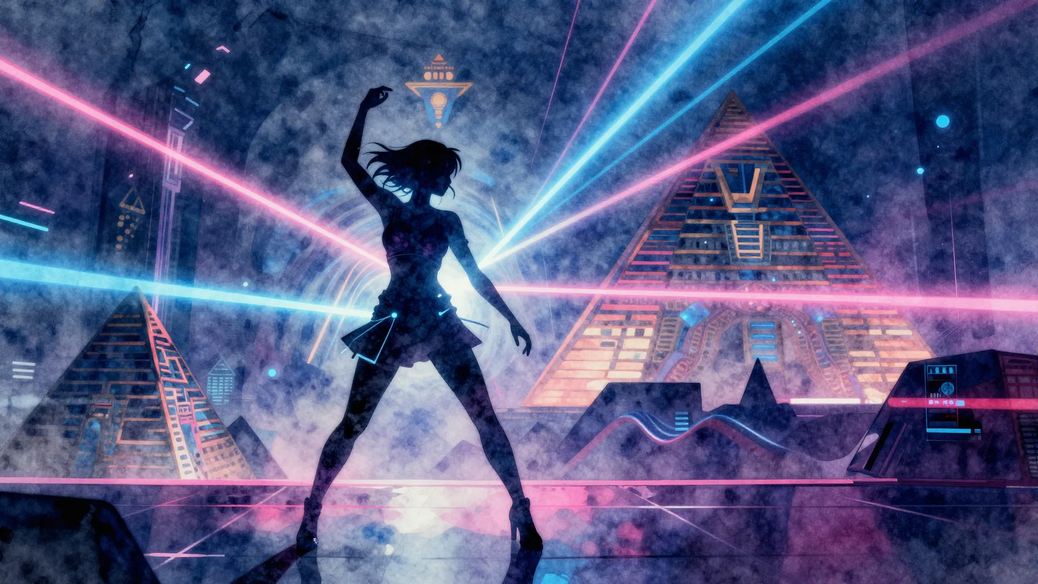 Vibrant watercolor style. Cyberpunk neon silhouette of a gir...