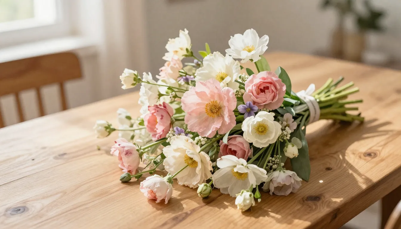 Watercolor style. A beautiful bouquet of spring flowers on a...