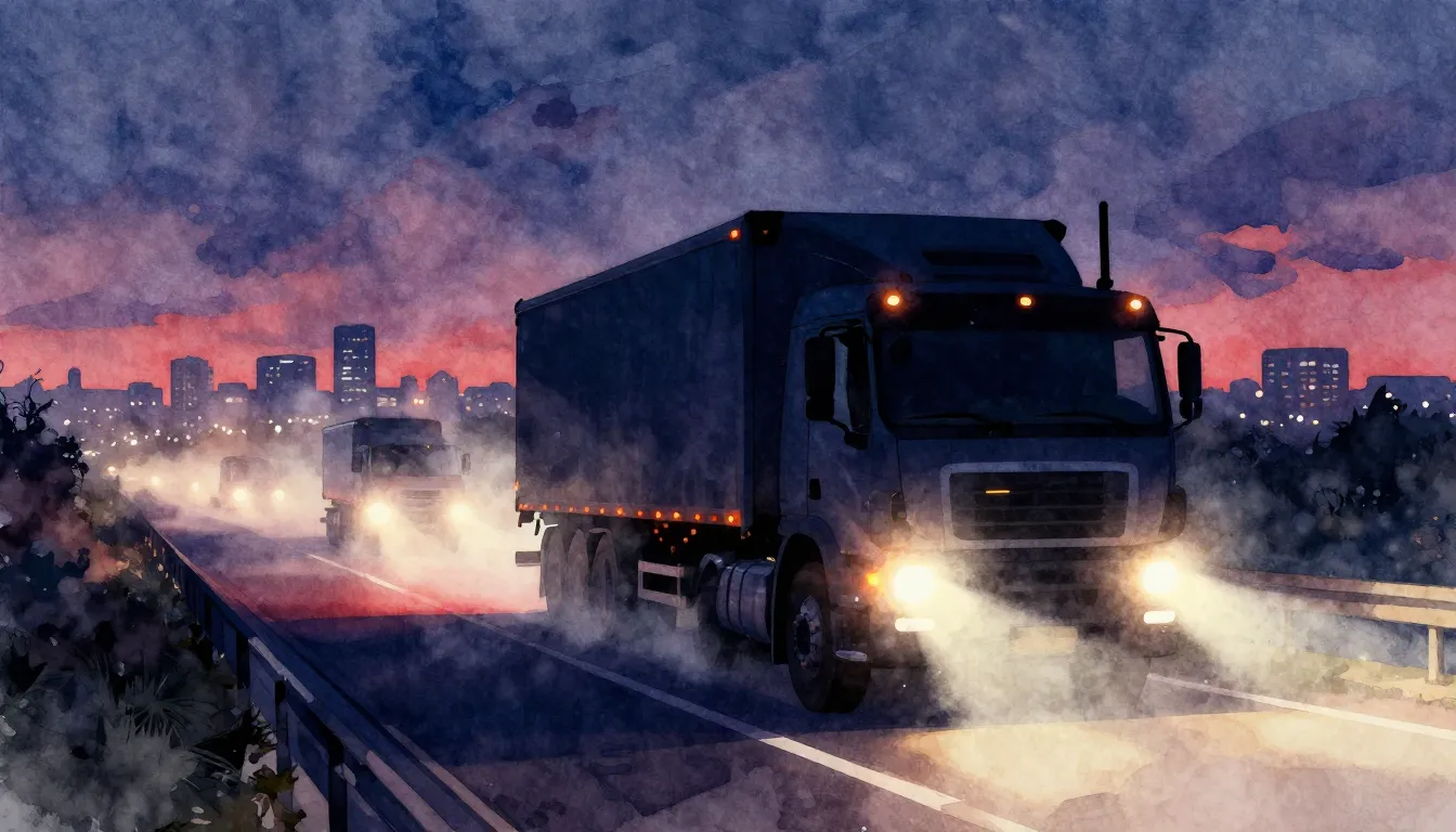 Vibrant watercolor style. A silhouette of a heavy truck driv...