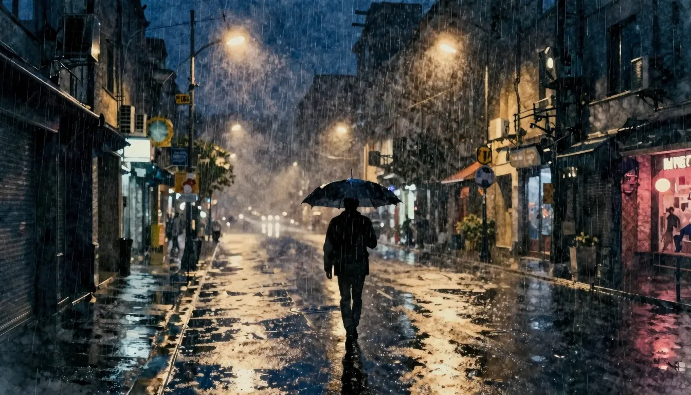 Watercolor style. A dark city street at night, glowing stree...