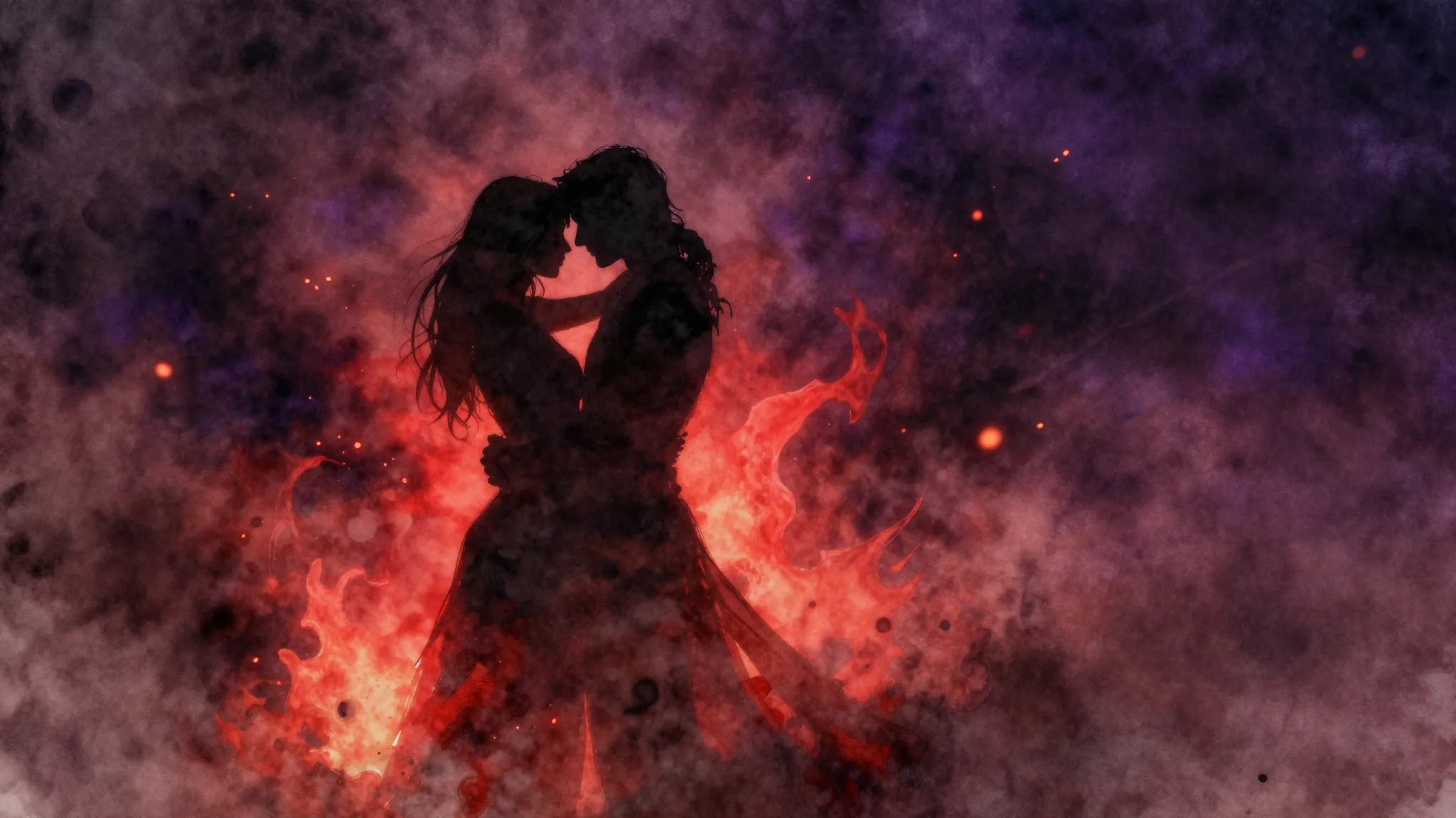 Watercolor style. A dark silhouette of a couple embracing in...