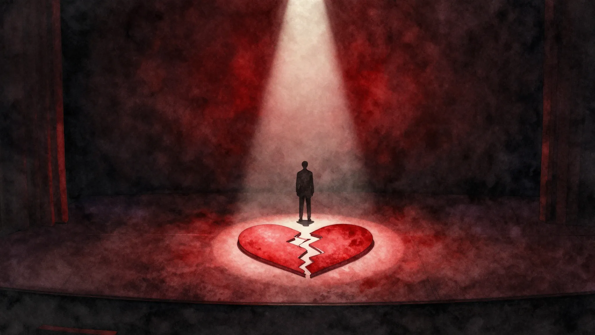 Watercolor style. A dark theatrical stage with two silhouett...