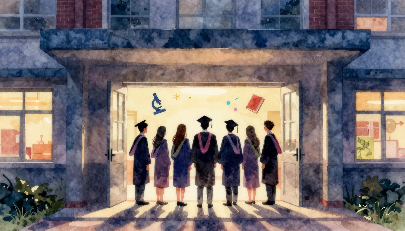 Vibrant watercolor style. A silhouette of a group of graduat...