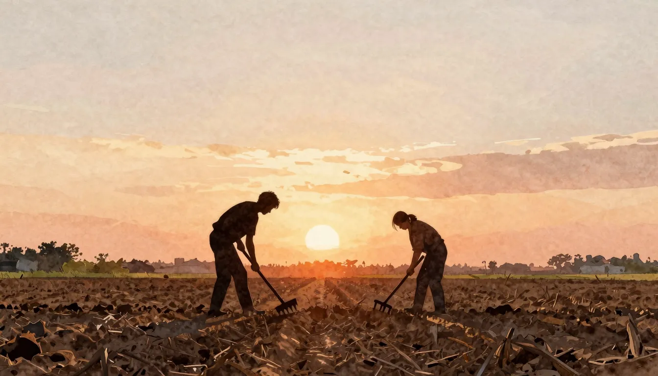 Watercolor style. Silhouette of two figures planting in a pl...
