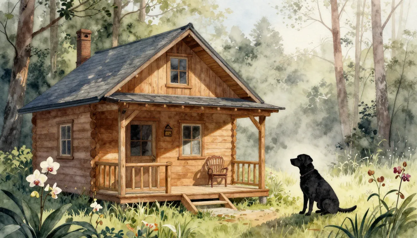 Watercolor style. A cozy wooden house near a forest, silhoue...