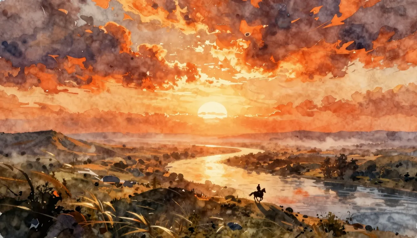 Vibrant watercolor style. Epic cinematic landscape, a vast r...