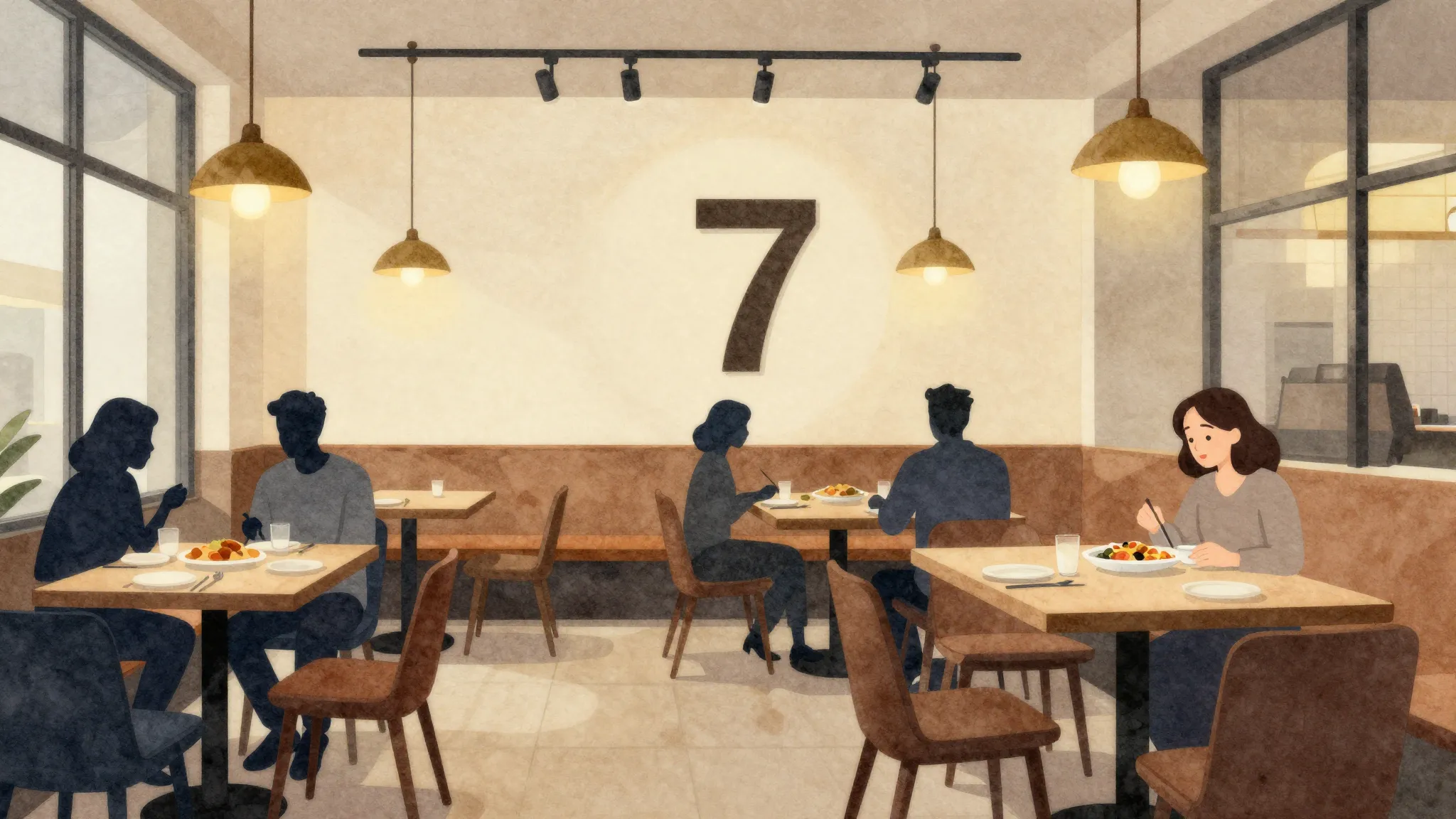 Watercolor style. Cozy cafe interior, warm lighting, tables ...