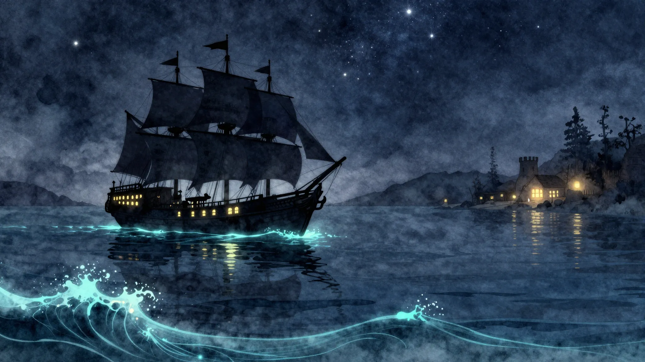 Watercolor style. Silhouette of a fantasy ship on calm night...