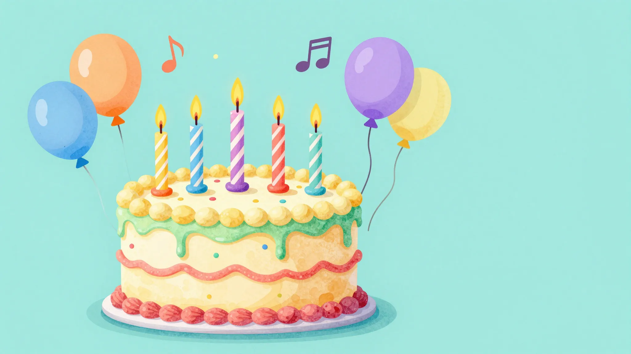 Watercolor style. A bright colorful birthday cake with 6 can...
