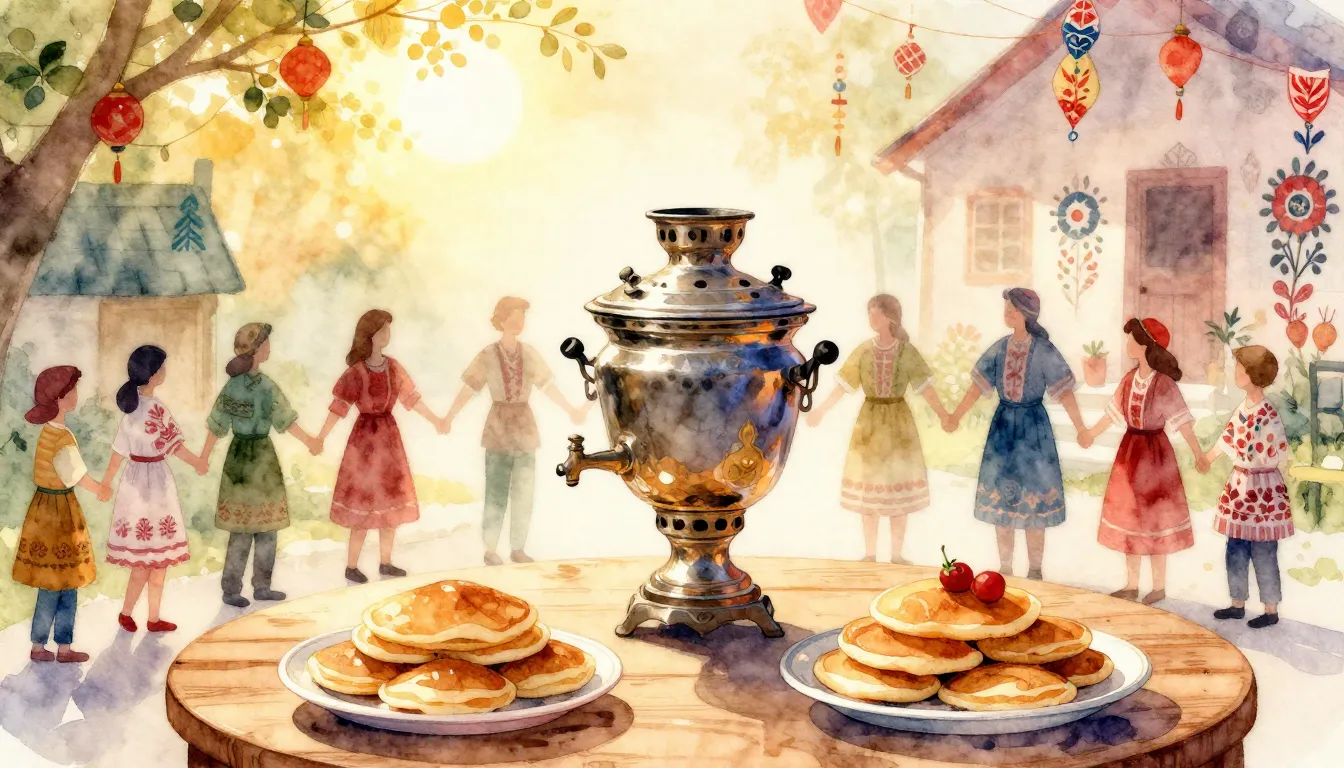 Watercolor style. A festive scene with silhouettes of people...