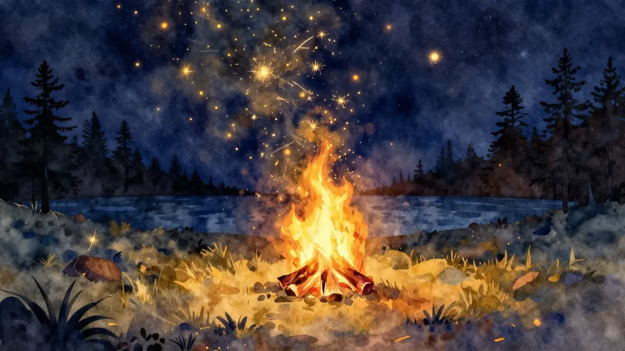 Watercolor style. A glowing spark in the dark night sky, tur...