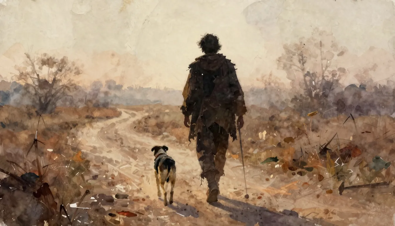 Vibrant watercolor style. A lonely silhouette of a wanderer ...