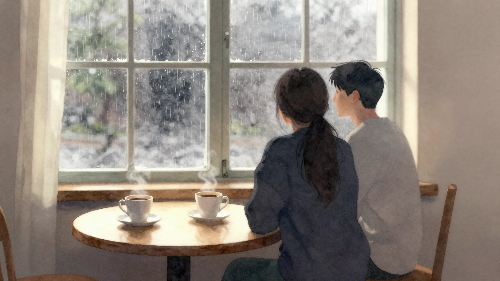 Watercolor style. A cozy room with a window, rain outside, t...