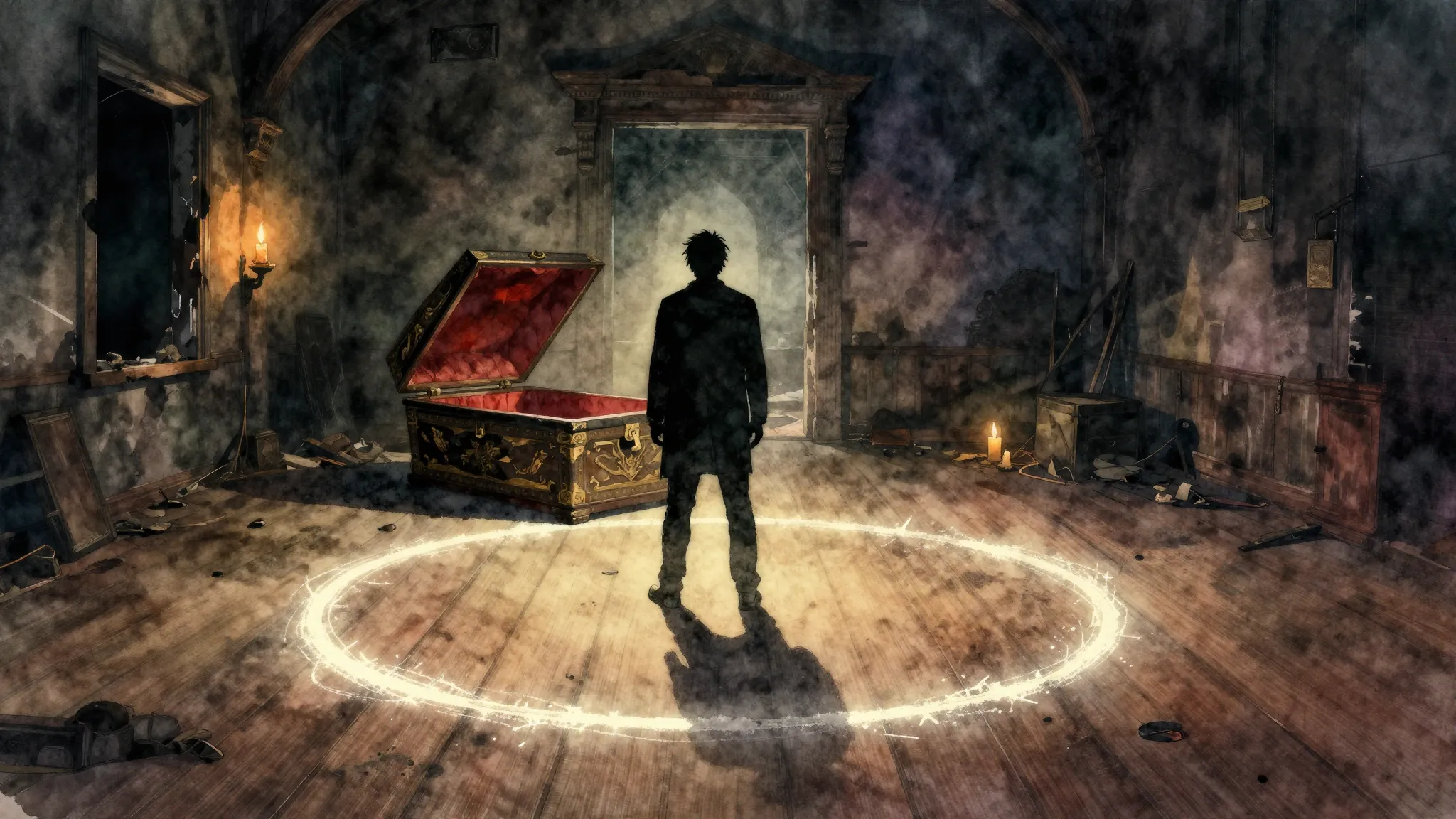 Vibrant watercolor style. Dark gothic rock album cover, a si...