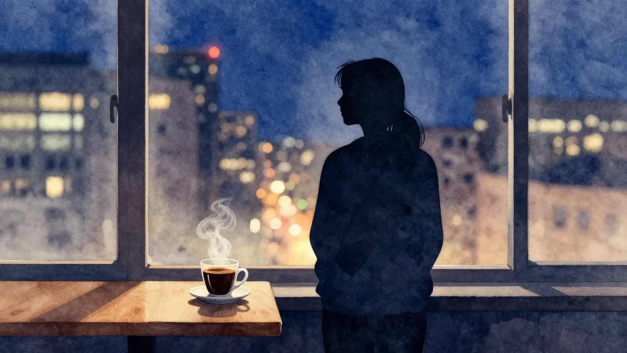 Vibrant watercolor style. A lonely silhouette standing by a ...