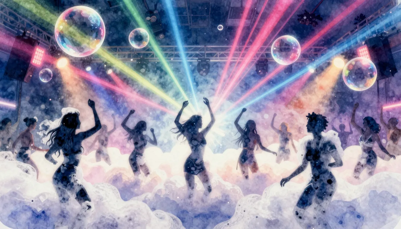 Watercolor style. A vibrant foam party scene with bright neo...
