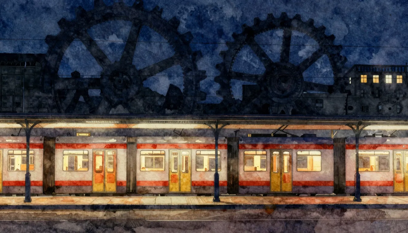 Watercolor style. A silhouette of a tram depot at night, glo...