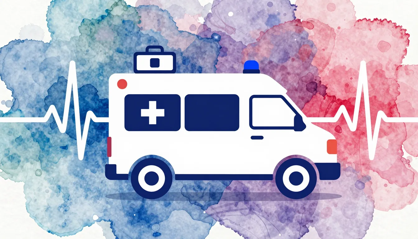 Vibrant watercolor style. Minimalist ambulance silhouette wi...