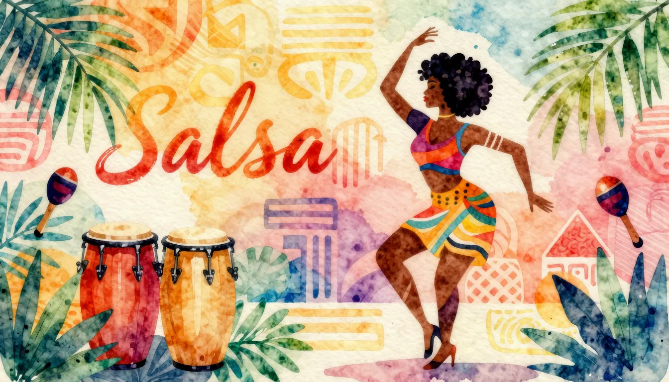 Vibrant watercolor style. Afro-Cuban salsa music album cover...