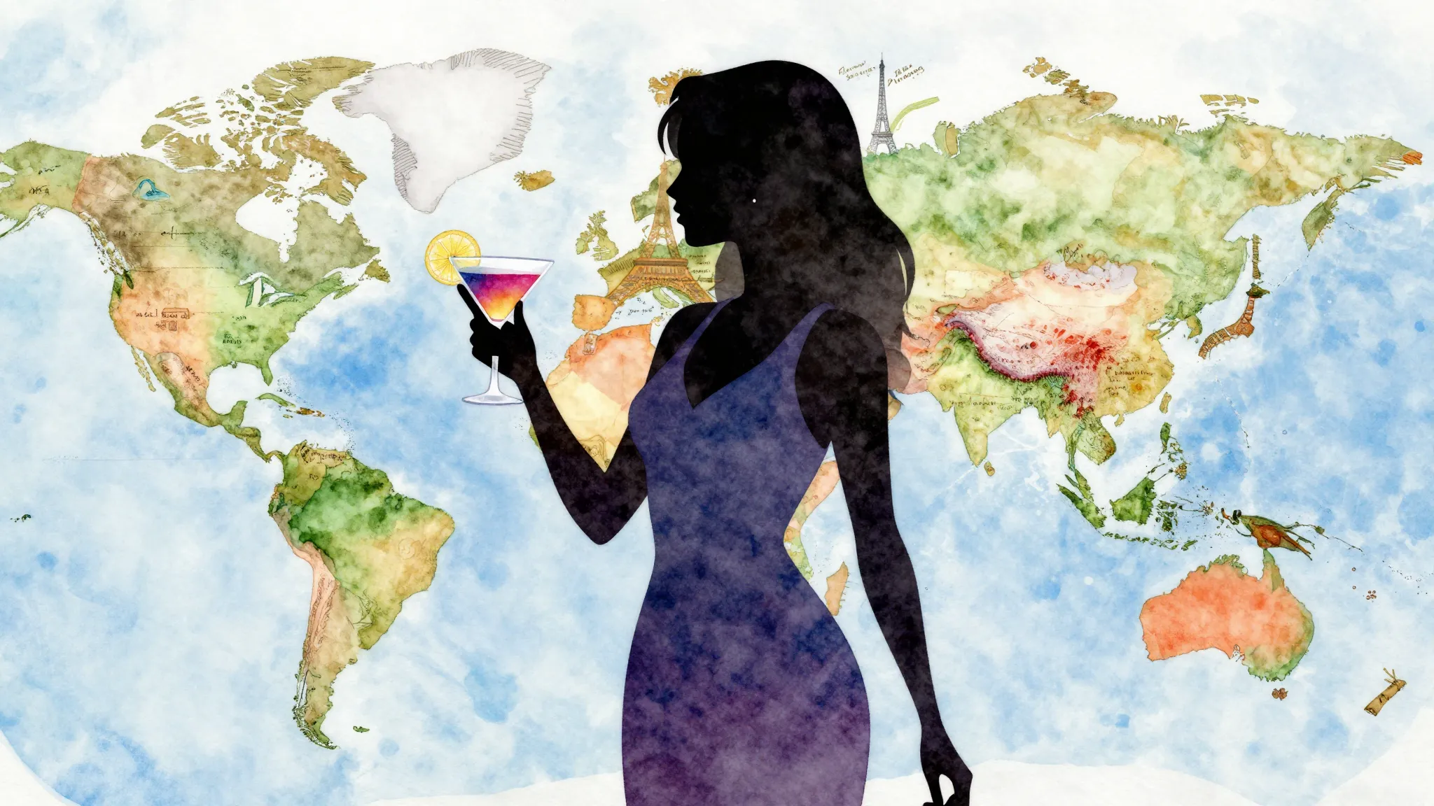 Watercolor style. Silhouette of a woman holding a cocktail g...