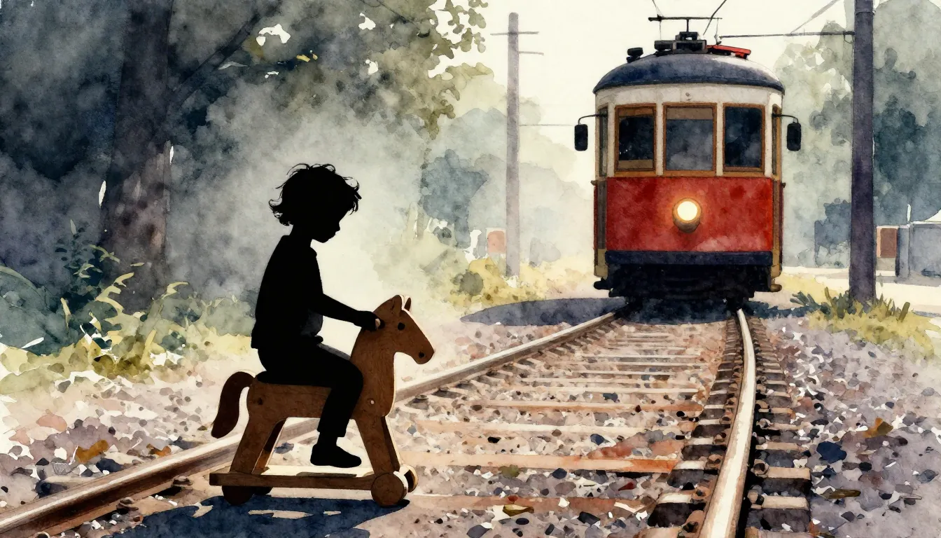 Vibrant watercolor style. A silhouette of a small child play...