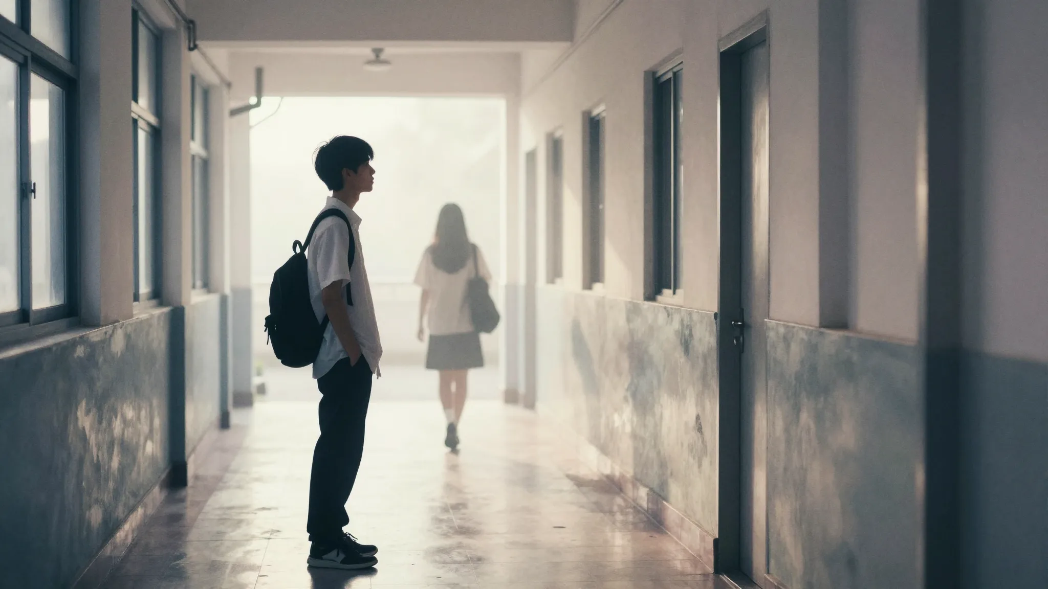 Watercolor style. Silhouette of a lonely teenager standing i...