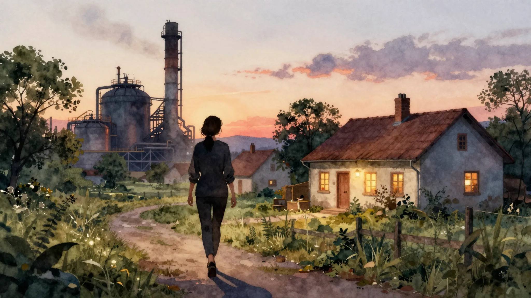 Watercolor style. Silhouette of a tired woman walking away f...