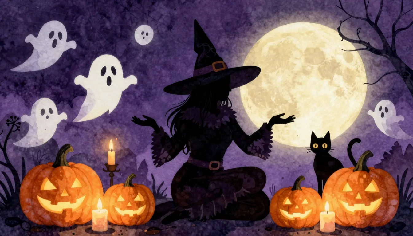 Watercolor style. Silhouette of a witch in a pointy hat and ...