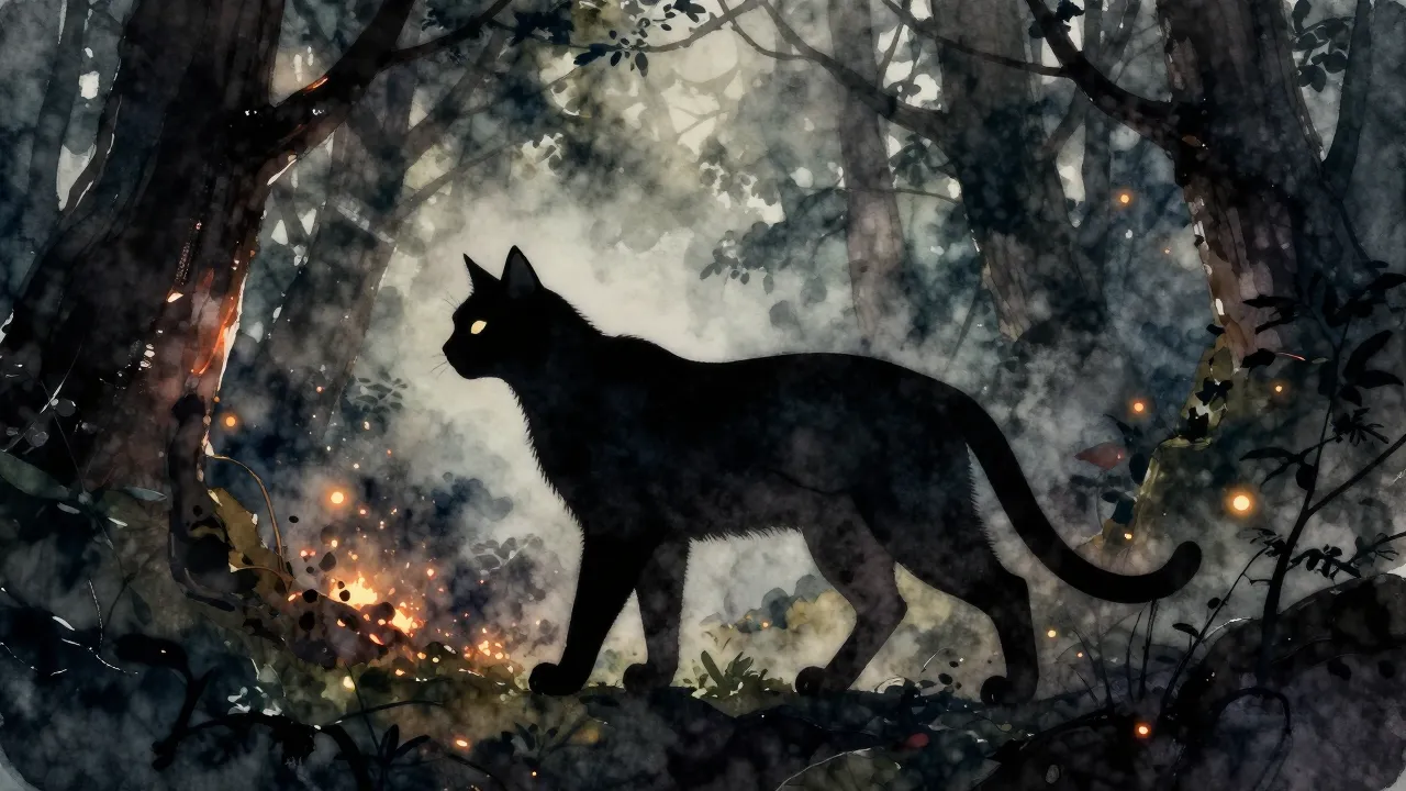 Watercolor style. Silhouette of a graceful feline woman walk...