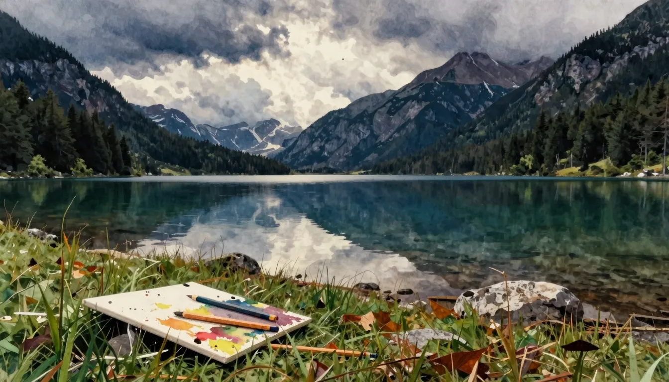 Vibrant watercolor style. A serene mountain lake with a glas...